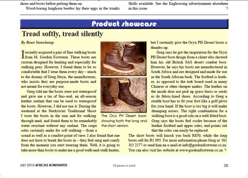 Bowhunter article about Oryx PH Desert boots sold by Gordon Footwear